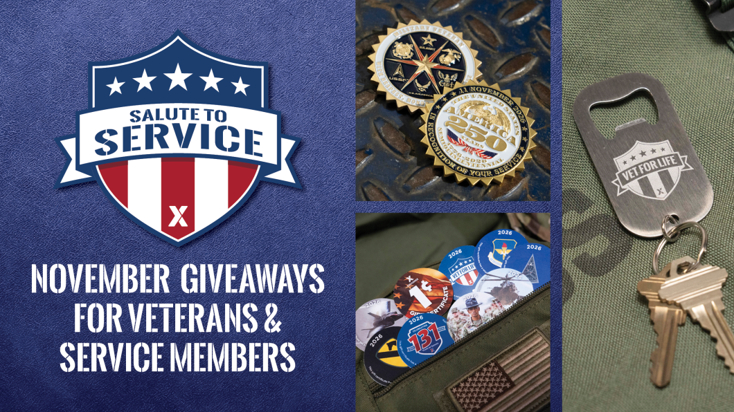 Exchange Salute to Service graphic promoting November giveaways for Veterans and service members, featuring commemorative coins, collectible patches and a “Vet for Life” bottle opener keychain.